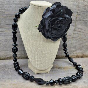Vintage Black 4" Millinery Flower Pin & Vera Wang 35" Chunky Bead Necklace Black